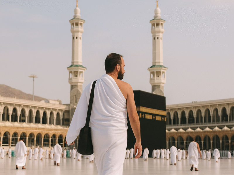 Homme en habit d’ihram marchant vers la Kaaba dans la cour de la Mosquée Al-Haram à La Mecque