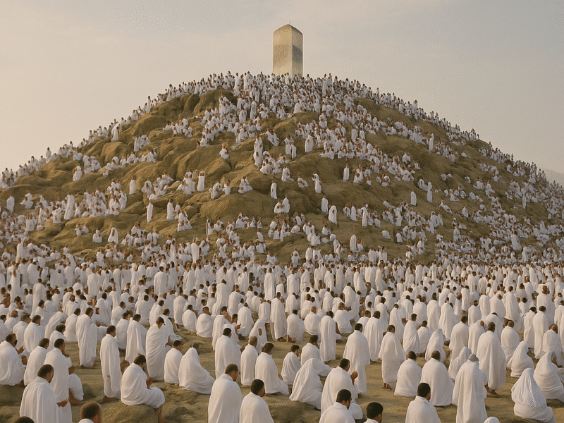 Vue de pèlerins musulmans en habit d’ihram réunis sur le mont Arafat pour prier pendant le jour de Arafat lors du Hajj