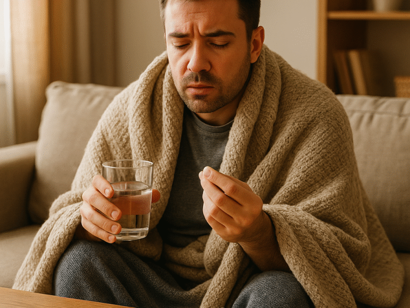 Un homme enroulé dans une couverture, assis sur un canapé, prenant un comprimé avec un verre d’eau et une boîte de médicaments sur la table