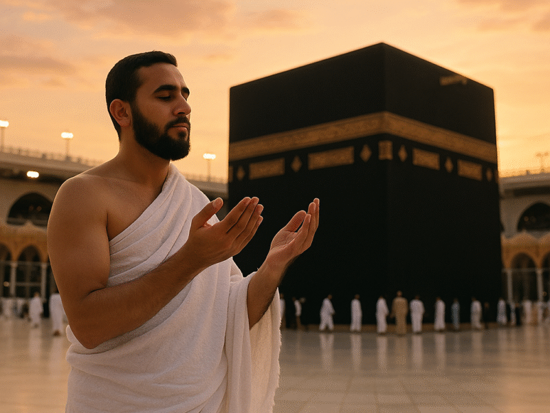 Homme musulman en habit d’ihram priant devant la Kaaba au lever du soleil à la Mosquée Al-Haram